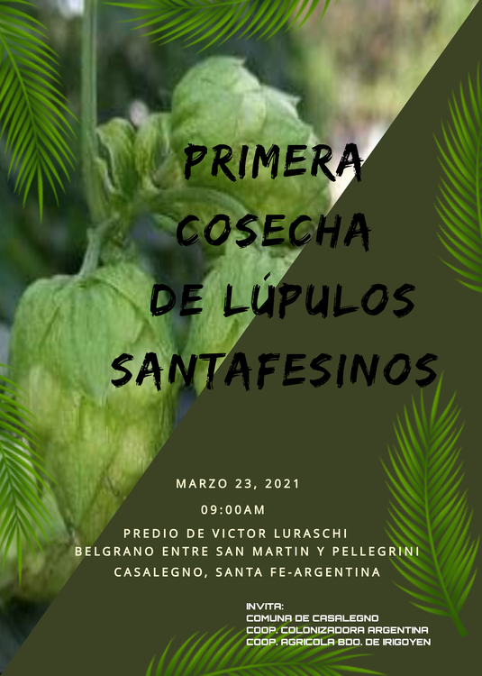 Poster Invitación a la Primera Cosecha de Lúpulo el 23-03-21 en Casalegno